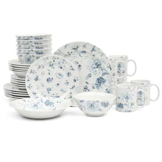 Martha Stewart Empress Bouquet - Juego de platos y cuencos de porcelana decorados - Floral azul, servicio para 6 (30 piezas)