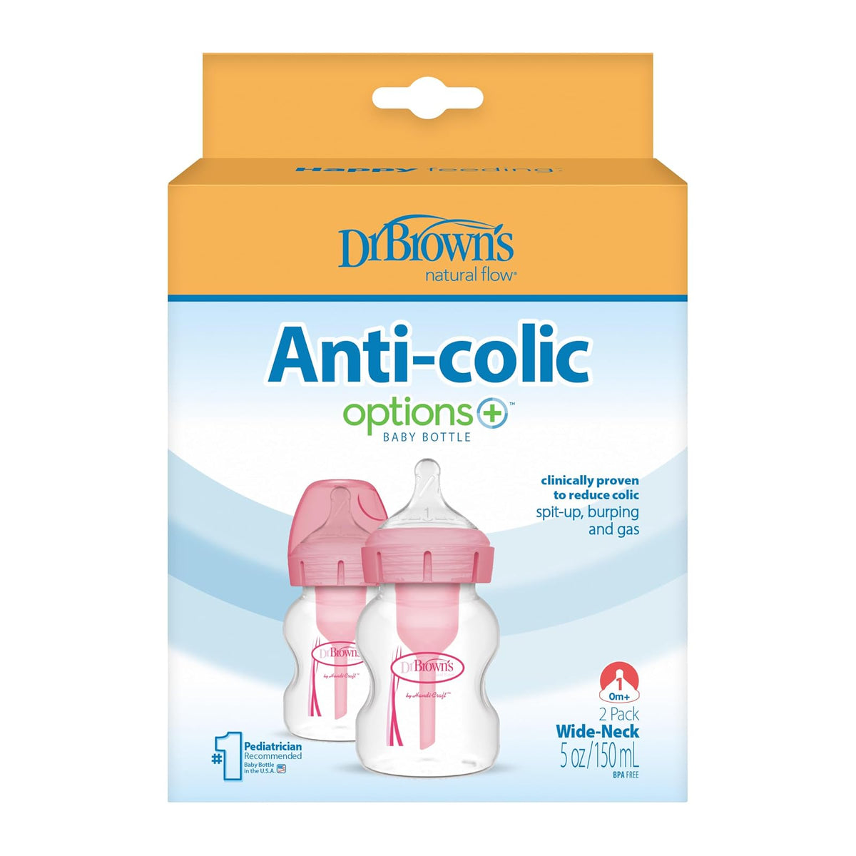 Dr Brown's 5Oz/150Ml Pp Wide-Neck Options+ Bottle (Pink) 2-Pack