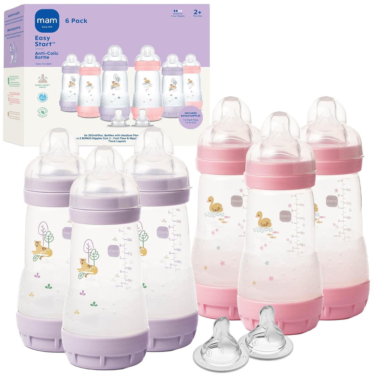 MAM Biberón Anticólico Fácil Inicio, 9 oz, Flujo Medio - Iris & Pink - 8 Count (Pack of 1)