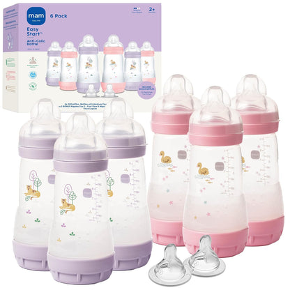 MAM Biberón Anticólico Fácil Inicio, 9 oz, Flujo Medio - Iris & Pink - 8 Count (Pack of 1)