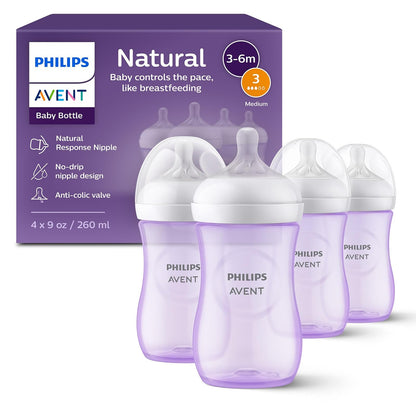 Philips Avent Natural Biberón para Bebé, Tetina Anticólica sin BPA - 260 ml (Pack of 4) - Morado