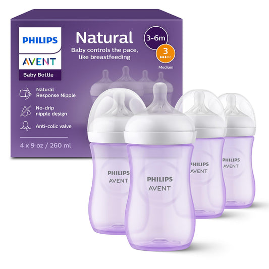 Philips AVENT Biberón natural con pezón de respuesta natural, morado, 9 onzas, paquete de 4 unidades, SCY903/34