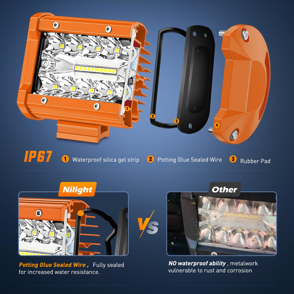 Nilight - Barra de luz LED de 2 piezas de 4 pulgadas y 60 W, foco de inundación, lámpara de conducción de triple fila, parachoques de techo, luces de trabajo todoterreno, para furgoneta, camioneta,