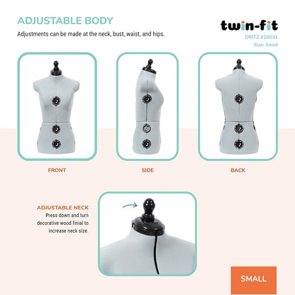 Dritz - Vestido ajustable de doble ajuste, talla S, tallas 4-10, maniquí de costura femenino con torso corporal pinnable, 13 esferas para un ajuste preciso y guía de dobladillo 360