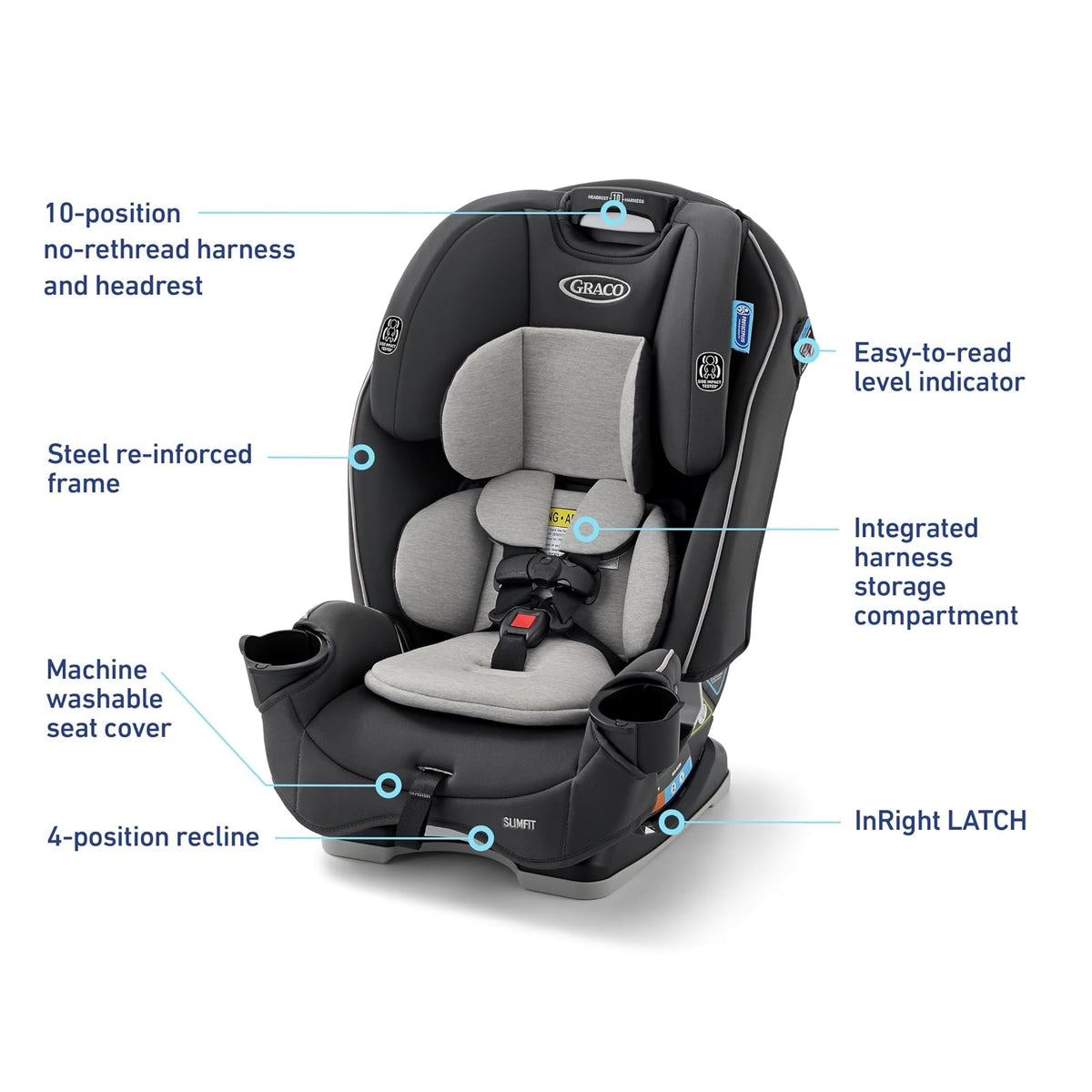 Graco Slimfit 3 en 1 Asiento de automóvil convertible, diseño ultra ahorro de espacio, Darcie 2.0, adecuado para respaldo trasero y delantero, asiento elevador de respaldo alto con reposacabezas de 10