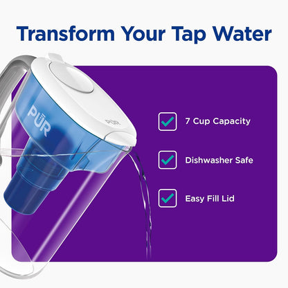 PUR - Jarra de agua de 7 tazas, 1 filtro original, limpiador, agua de gran sabor, apta para lavaplatos, potente, filtración más rápida, diseño de tapa LockFit, color blanco