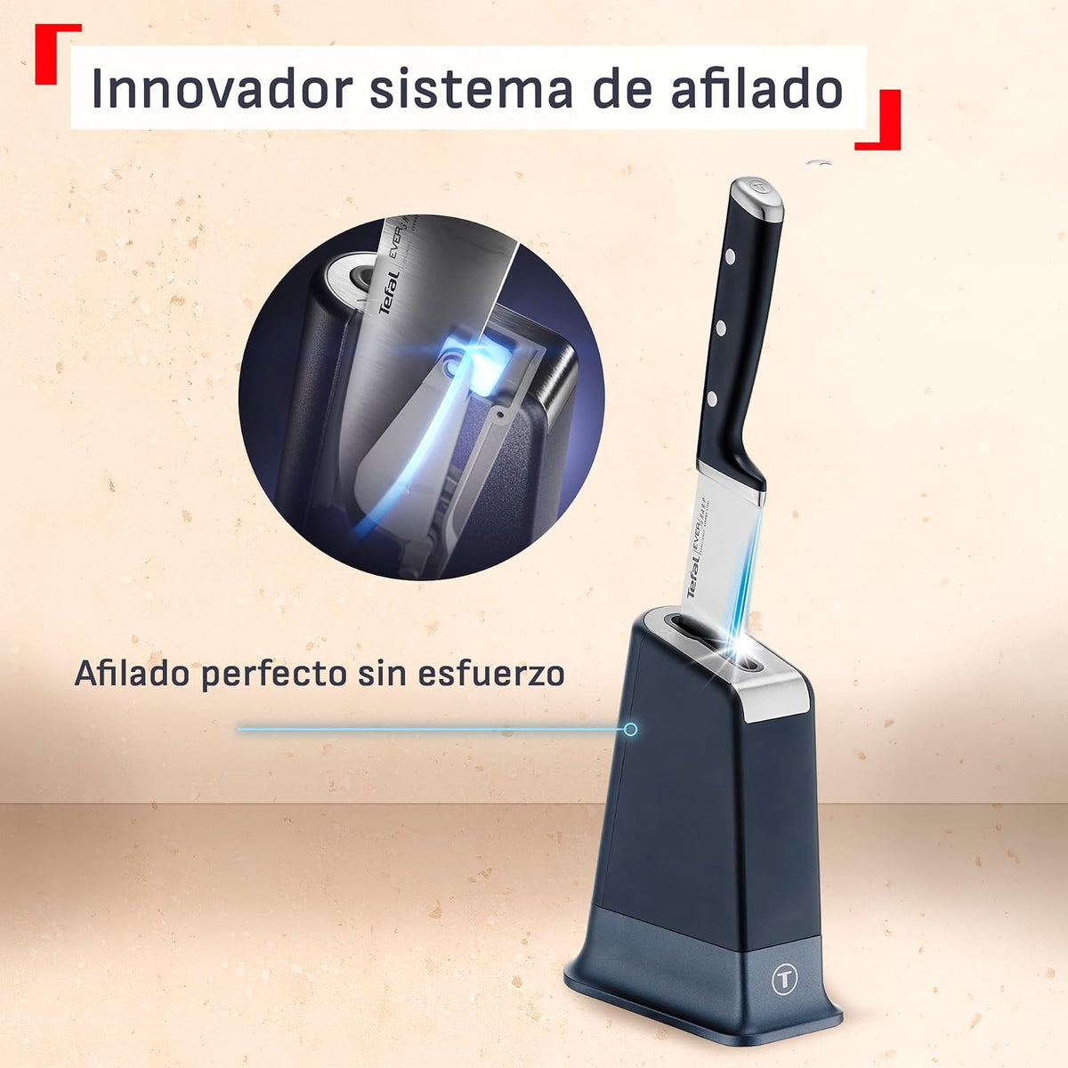 T-fal Cuchillo de Cocina Chef de 16.5cm, Incluye Bloque con Afilador incluido, Siempre afilado,Hoja de Acero Inoxidable, Color Negro, Eversharp Pro, K297S244