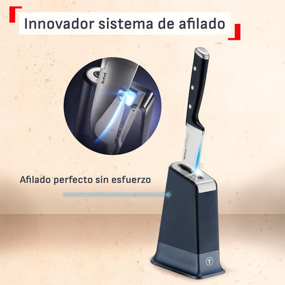 T-fal Cuchillo de Cocina Chef de 16.5cm, Incluye Bloque con Afilador incluido, Siempre afilado,Hoja de Acero Inoxidable, Color Negro, Eversharp Pro, K297S244