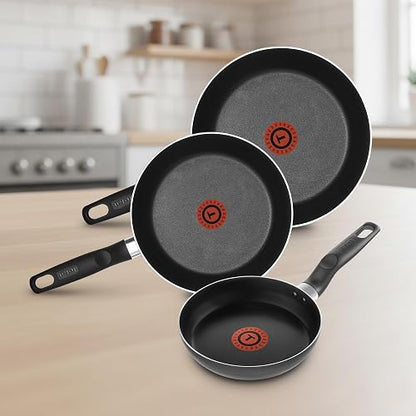 T-FAL Juego de sartenes easy cook negro cubierta antiadherente para una cocina fácil con indicador de calor thermo-señal y base de difusión. Medidas de sartén 20, 24 y 26 cm, B4440482AMAM
