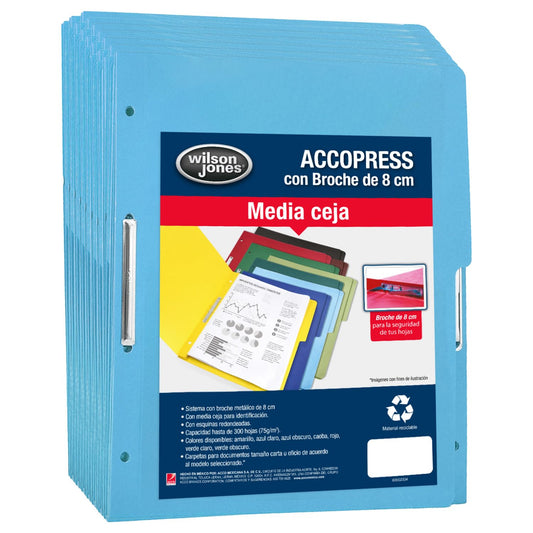 Wilson Jones Caja con 90 Folders ACCOpress Tamaño Carta Azul Claro, Con Broche Metálico 8 cm y Media Ceja, capacidad 300 hojas. P4553