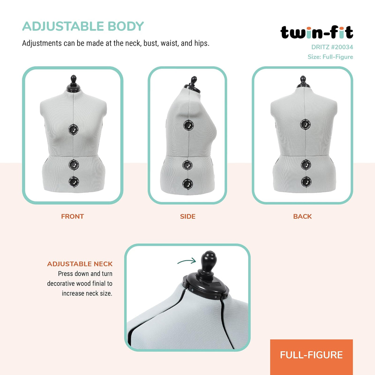 Dritz - Forma de vestido ajustable de doble ajuste, talla 20-24, maniquí de costura femenino con torso corporal pinnable, 13 esferas para un ajuste preciso y guía de dobladillo 360