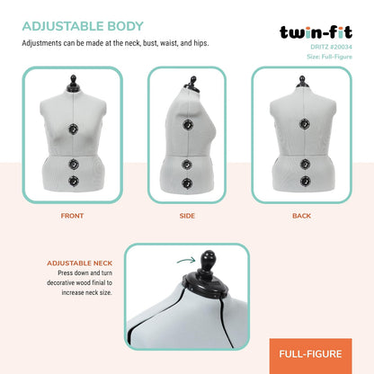 Dritz - Forma de vestido ajustable de doble ajuste, talla 20-24, maniquí de costura femenino con torso corporal pinnable, 13 esferas para un ajuste preciso y guía de dobladillo 360