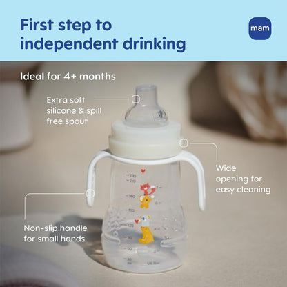 MAM Trainer - Taza para beber para niños pequeños de 1 a 3, 8 onzas, taza de transición con boquilla extra suave, pezón sin derrames y asas antideslizantes, para niños de más de 4 meses, 2 unidades