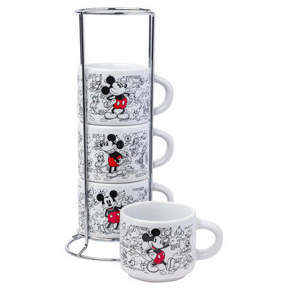 Silver Buffalo Disney Mickey Mouse clásico Sketches Art 4 piezas apilables de cerámica espresso juego de tazas pequeñas, 3 onzas