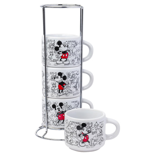 Silver Buffalo Disney Mickey Mouse clásico Sketches Art 4 piezas apilables de cerámica espresso juego de tazas pequeñas, 3 onzas