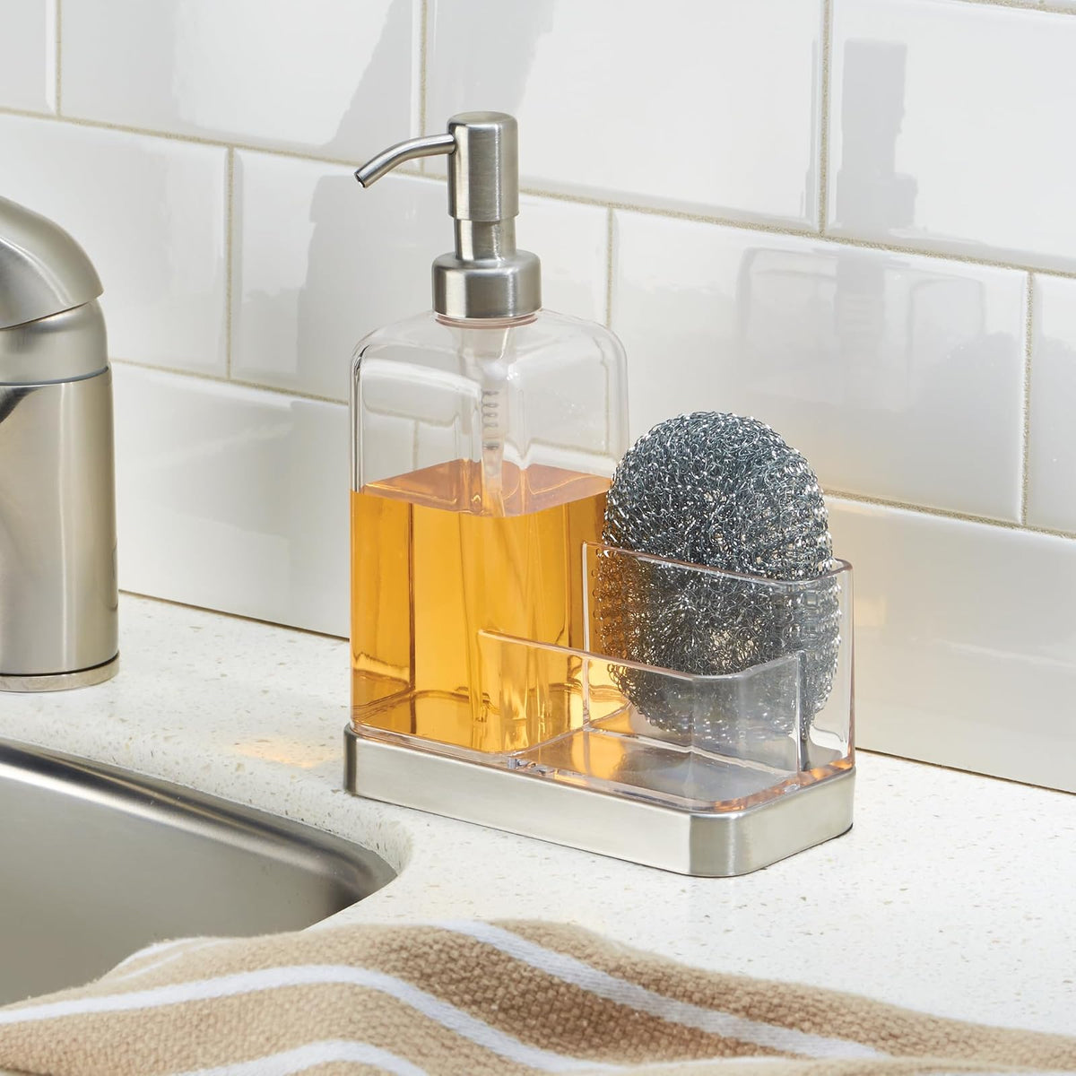 interDesign Forma Soap and Sponge Caddy, Brushed Stainless Steel and Clear