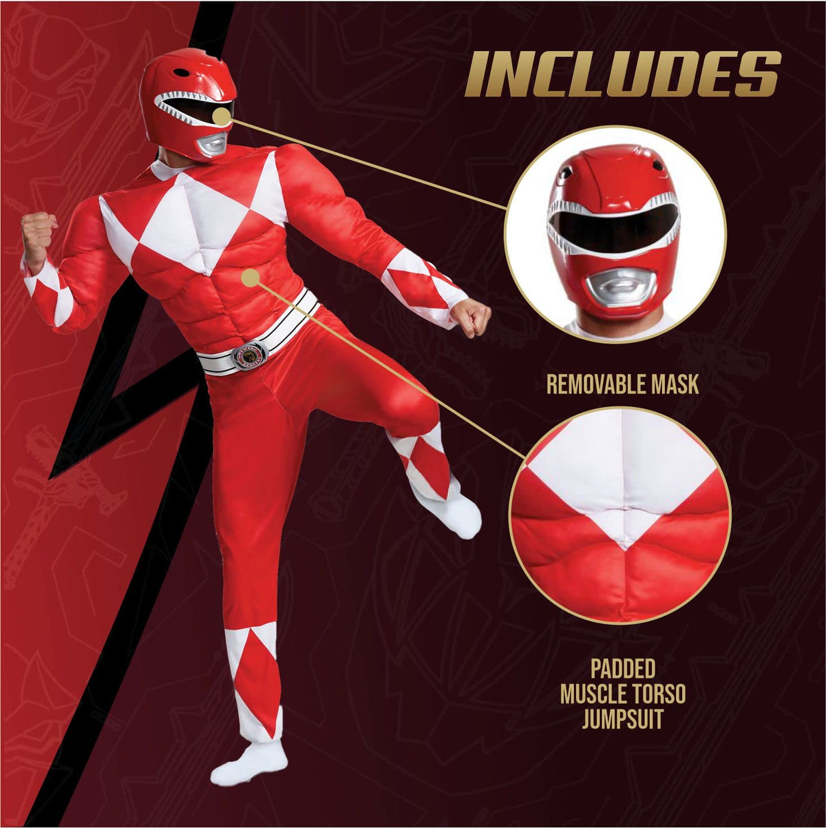 Disguise Disfraz de músculo clásico Red Ranger para adultos Disfraces de tamaño adulto Hombre