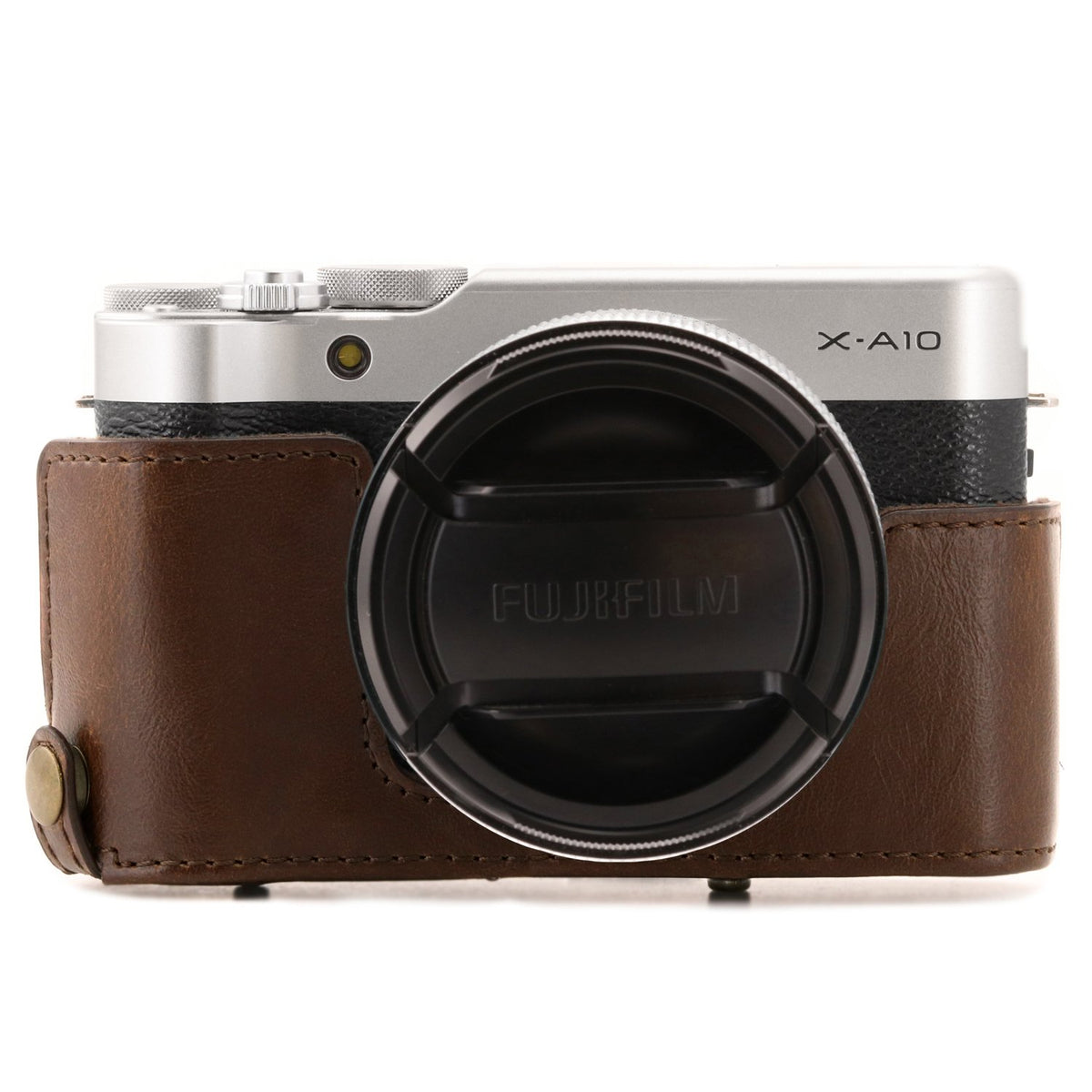 MegaGear MG1002 Estuche Ever Ready, Funda de cuero, de pronto uso, con correa compatible con Fujifilm X-A10 - Marron Oscuro