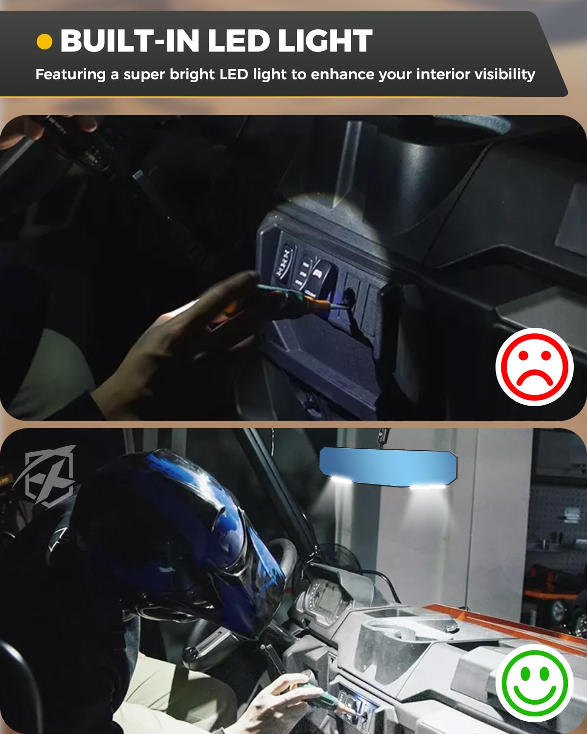 Xprite - Espejo retrovisor UTV de 13 pulgadas, espejo central SXS UTV con luces interiores, abrazadera de aluminio ajustable para montaje de 1.5 a 2 pulgadas, compatible con Polaris