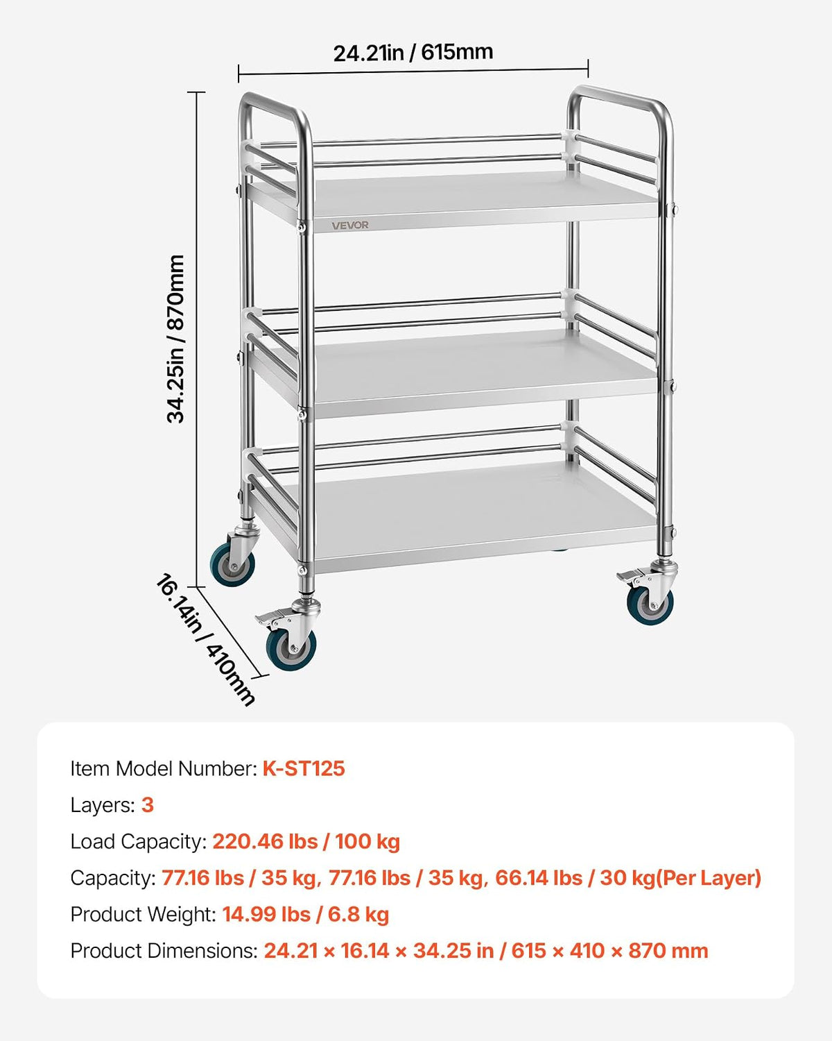 VEVOR Carro de Laboratorio de Acero Inoxidable 3 Niveles con Ruedas Bloqueables, Bandeja de Almacenamiento Móvil Resistente para Hospitales, Restaurantes, Cocinas, Salones, 615 x 410 x 870 mm