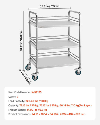 VEVOR Carro de Laboratorio de Acero Inoxidable 3 Niveles con Ruedas Bloqueables, Bandeja de Almacenamiento Móvil Resistente para Hospitales, Restaurantes, Cocinas, Salones, 615 x 410 x 870 mm