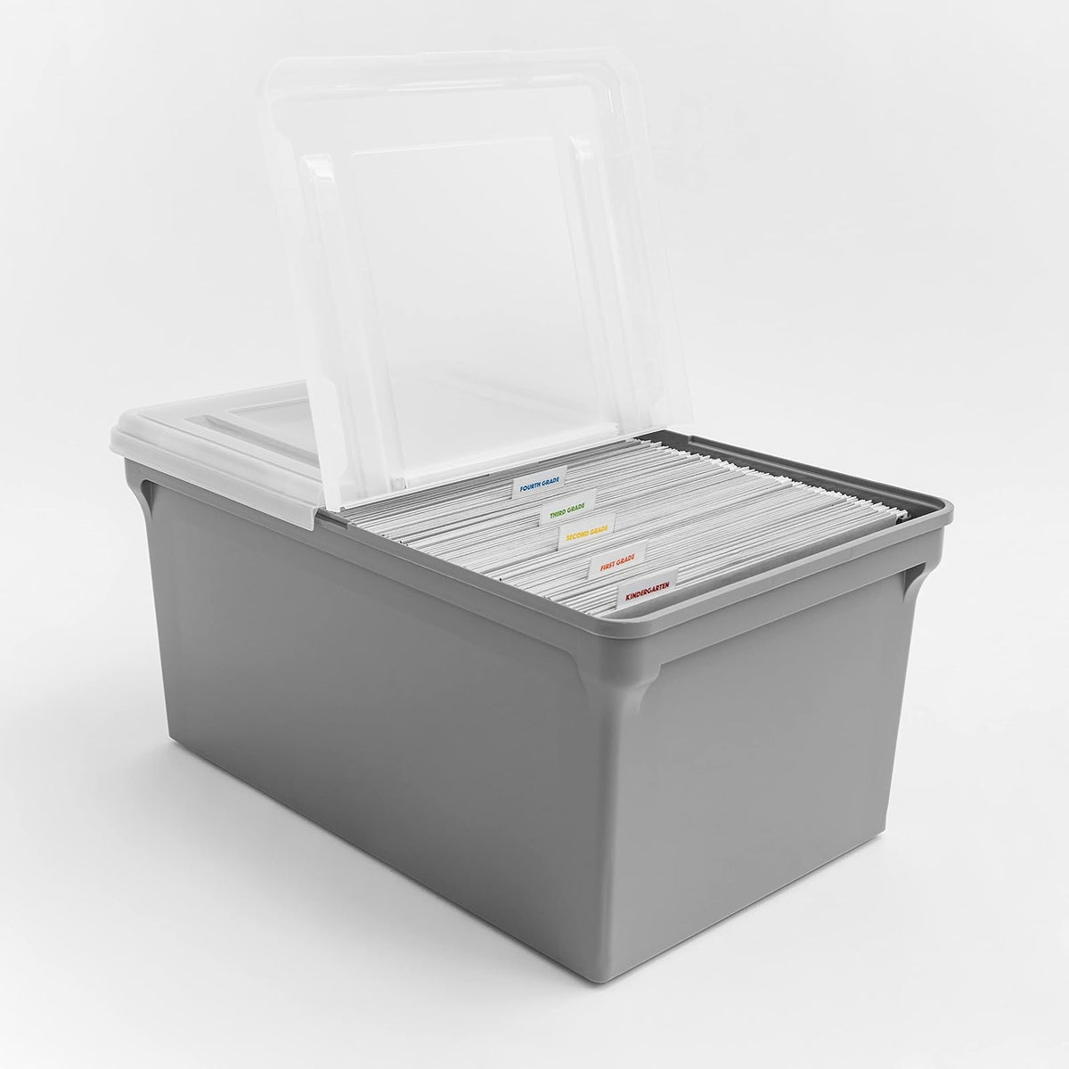 IRIS USA 42 L Caja de Archivos Plástica con Tapa de Bisagra para Archivos Carta/Legal, 4 Paquete, Bin Organizador Libre de BPA, Apilable y Anidable, Gris/Translúcido