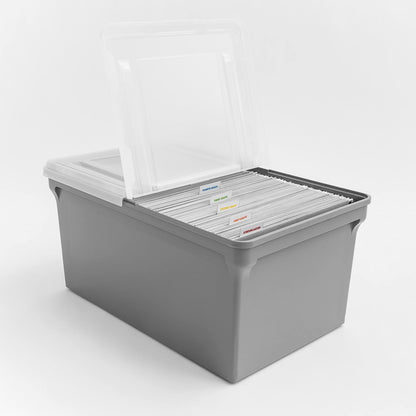 IRIS USA 42 L Caja de Archivos Plástica con Tapa de Bisagra para Archivos Carta/Legal, 4 Paquete, Bin Organizador Libre de BPA, Apilable y Anidable, Gris/Translúcido