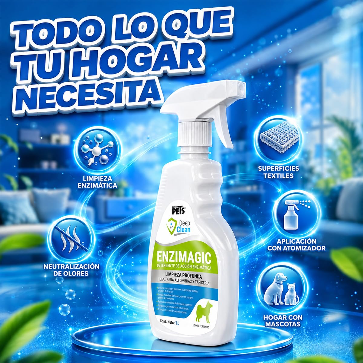 Fancy Pets Deep Clean Enzimagic Limpiador Eliminador de Manchas y Olores de Perros y/o Gatos en Alfombras, Tapicería y otras Telas con 1 Litro