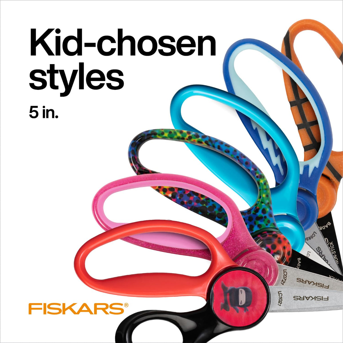Fiskars - Tijeras de punta roma SoftGrip de 5 pulgadas para niños de 4 a 7 años (paquete de 3), tijeras para la escuela o manualidades, suministros para el regreso a la escuela, diseños azules,