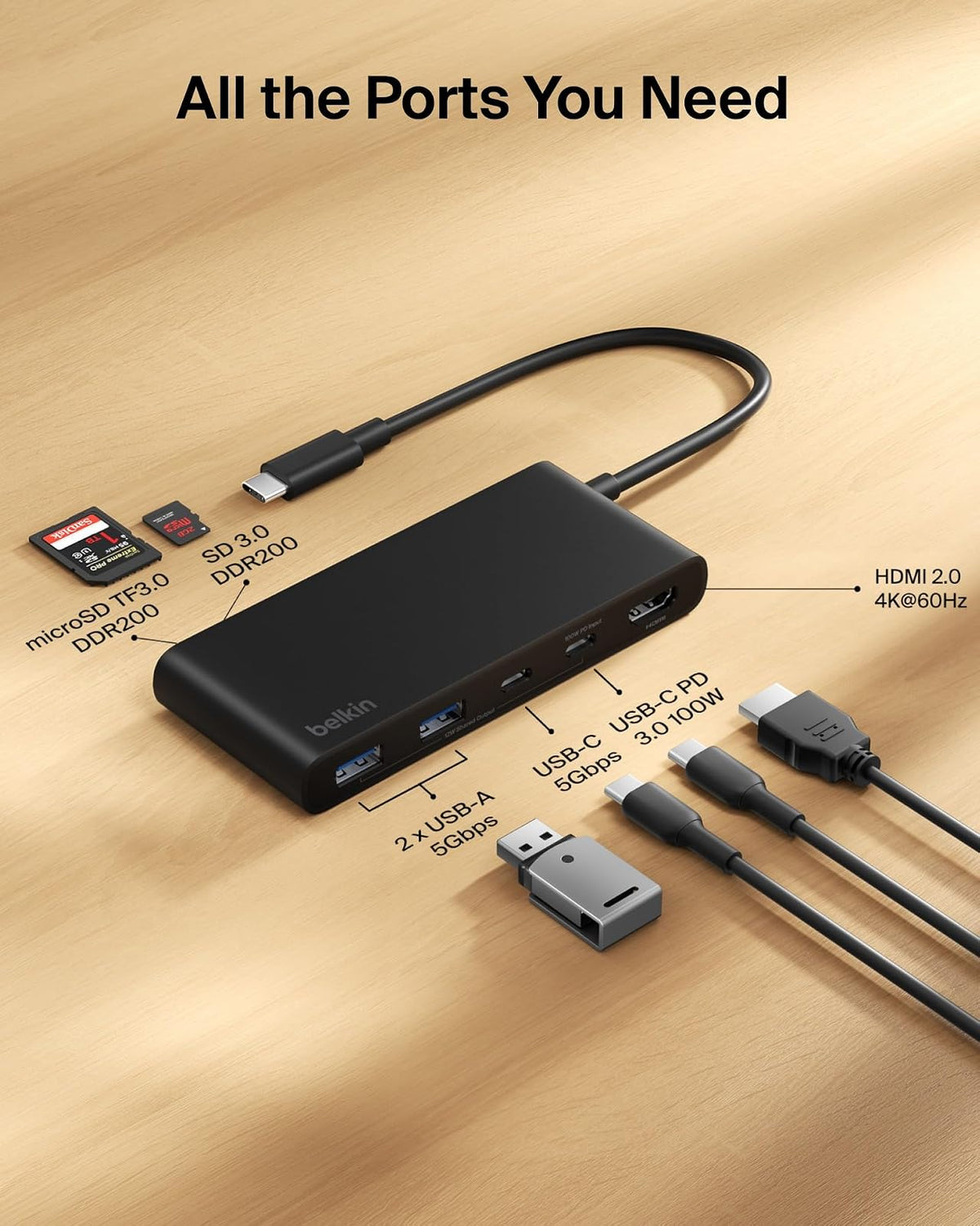 Belkin Hub USB C, concentrador de 7 Puertos con visualización HDMI 4K a 60Hz, SD y MicroSD, Entrega de energía de 100 W, Transferencia de Datos rápida de 5 Gbps, Adaptador multipuerto USB C para