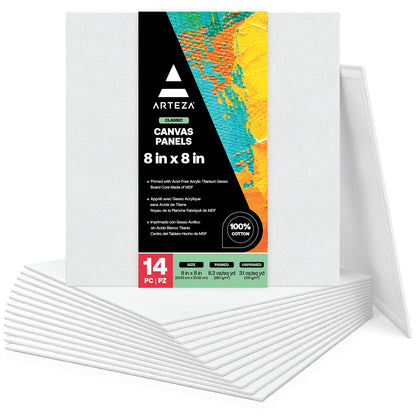 Arteza Paneles de lienzo para pintar cuadros, 8x8” (20,3x20,3 cm), pack de 14 lienzos imprimados sin ácido, 100% algodón, para óleo y medios húmedos, artista profesional, aficionado y principiante