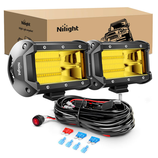 Nilight ZH304 Barra Luz LED 2 Unidades 5" 72W 10800 Lúmenes Luz Inundación Amarilla Todoterreno + Kit Arnés Cableado 16 AWG 2 Años Garantía