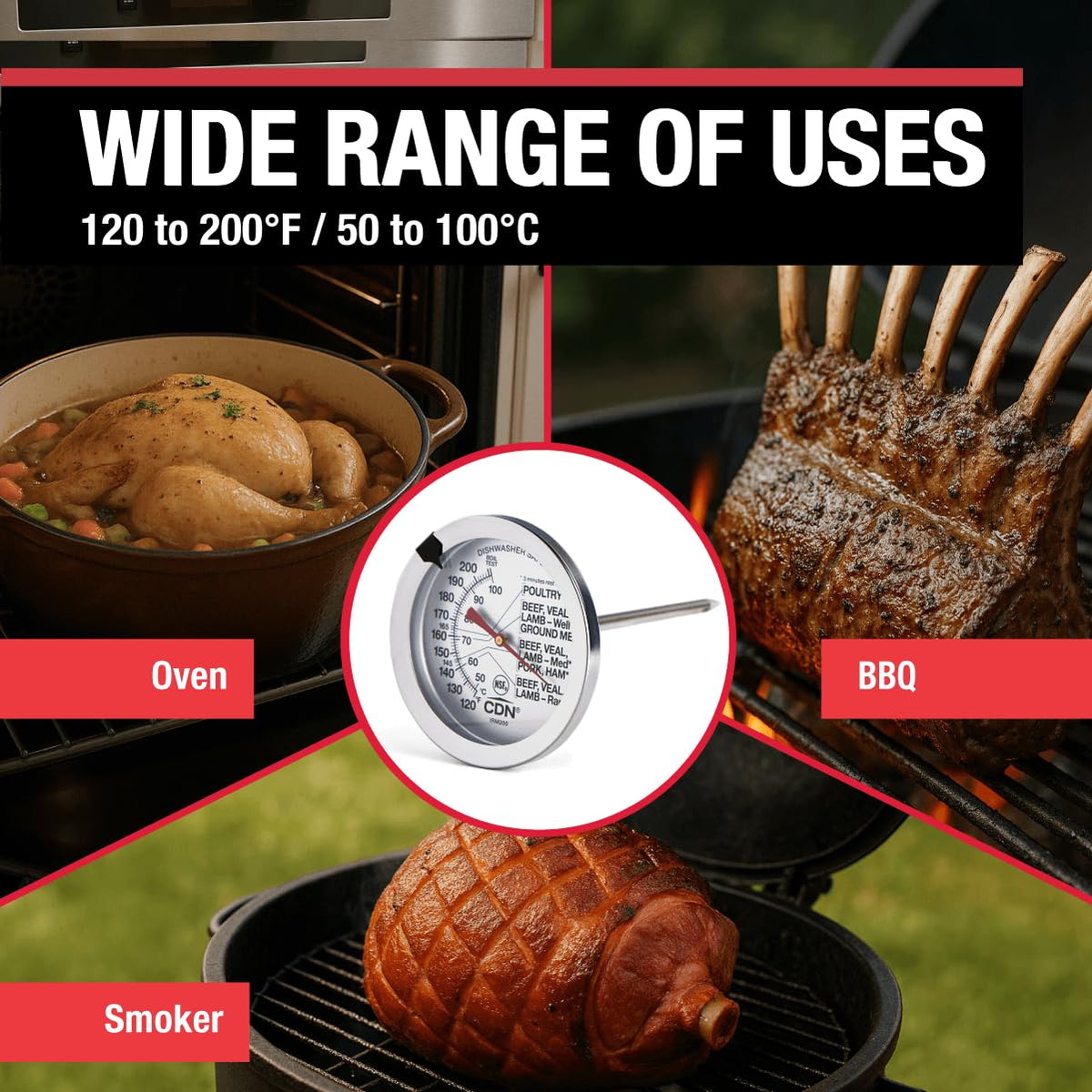 CDN IRM200 Glow ProAccurate Termómetro Resistente al Horno, para Carne y Aves de Corral, Carne/Ave, Esfera Grande, Plateado, Extra Grande, 1
