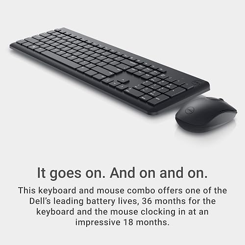 DELL Kit Teclado y Ratón inalámbricos con Receptor USB 2.4 GHz, Teclas funcionales y numéricas, Inclinación Ajustable, Óptico 1000dpi, Compatible con PC y Mac, Negro, Idioma Inglés