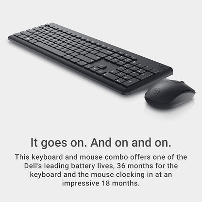 DELL Kit Teclado y Ratón inalámbricos con Receptor USB 2.4 GHz, Teclas funcionales y numéricas, Inclinación Ajustable, Óptico 1000dpi, Compatible con PC y Mac, Negro, Idioma Inglés