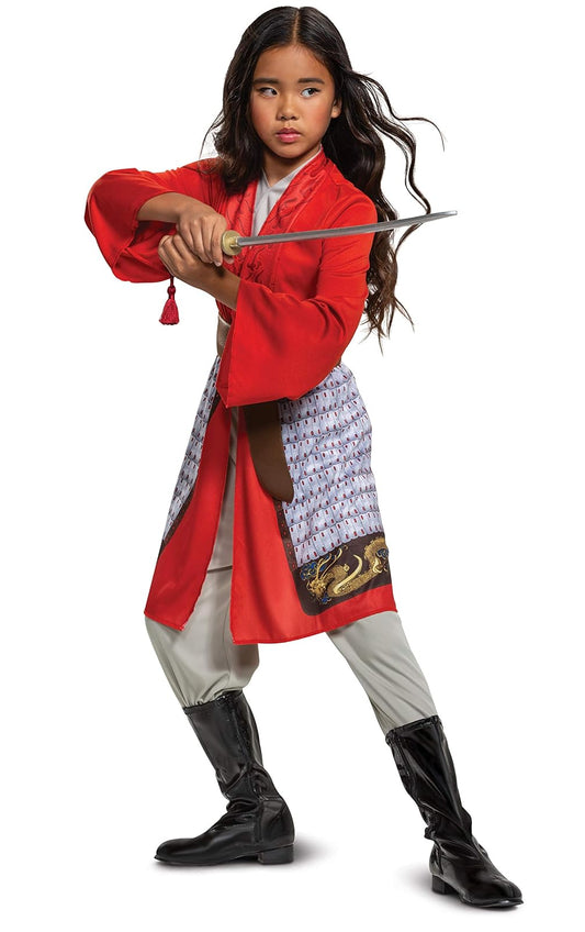 Disfraz de Mulan para niñas, disfraz de héroe de película de acción en vivo de Disney, disfraz clásico para niños, talla M (7-8) rojo (104269K)