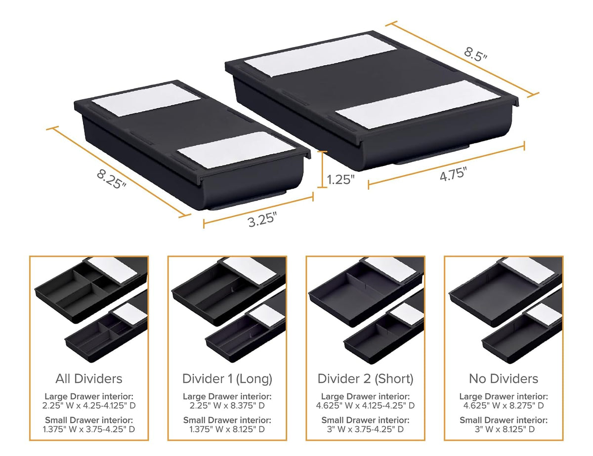 Bostitch Konnect - Cajón para debajo del computadora, organizador de almacenamiento autoadhesivo con 4 divisores personalizables, paquete de 2