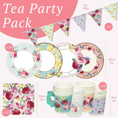 Juego de vajilla desechable para 16 invitados con diseño floral de tarde/té de tarde/fiesta para 16 invitados, bonito juego de platos de papel, servilletas para tazas de té, mantel para cumpleaños