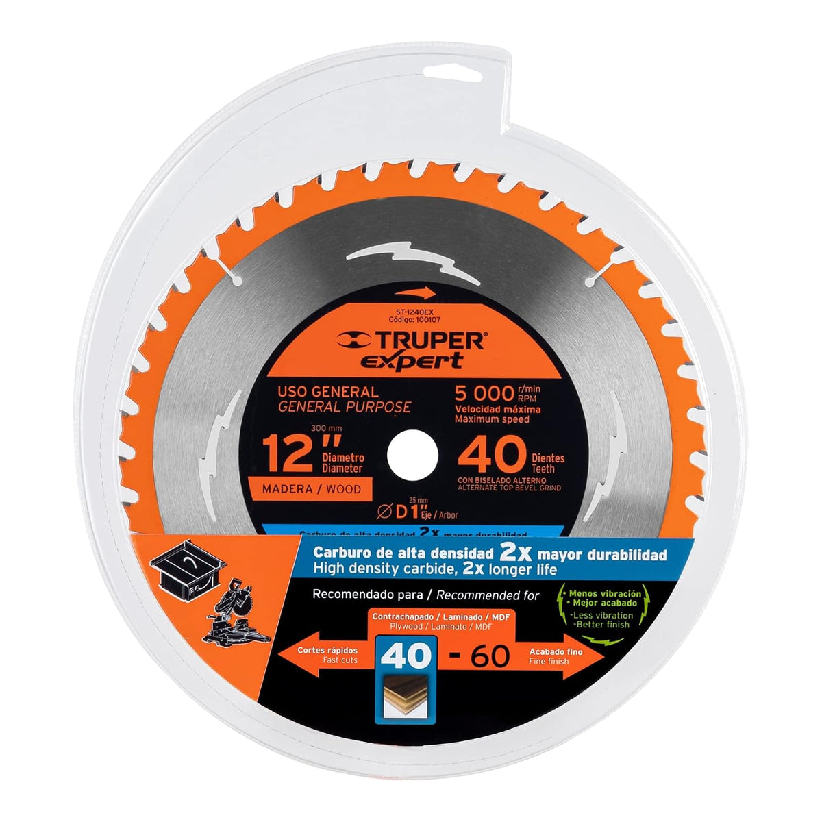 Truper Expert ST-1240EX, Disco sierra 12" para madera 40 dientes centro 1"