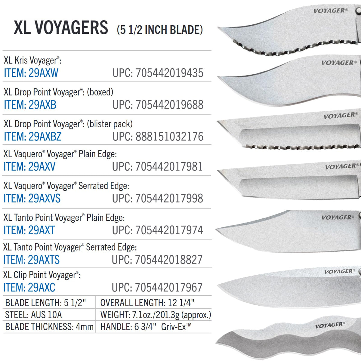 Cold Steel XL Voyager AUS10A - Cuchillo plegable táctico para llevar diario, de 5.5 pulgadas, AUS10A con punta de caída, de 6.7 pulgadas, mango Griv-Ex, en caja