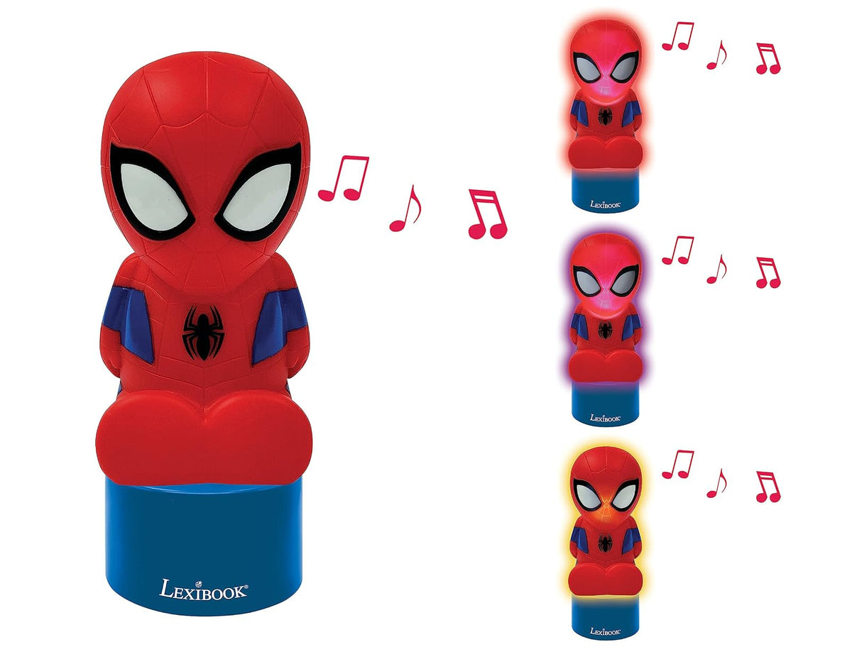 Lexibook Luz Nocturna y Altavoz de Spiderman para la habitación de los niños, Cambio de Color, luz Suave, Funciona con Pilas, Azul/Rojo, NS01SP