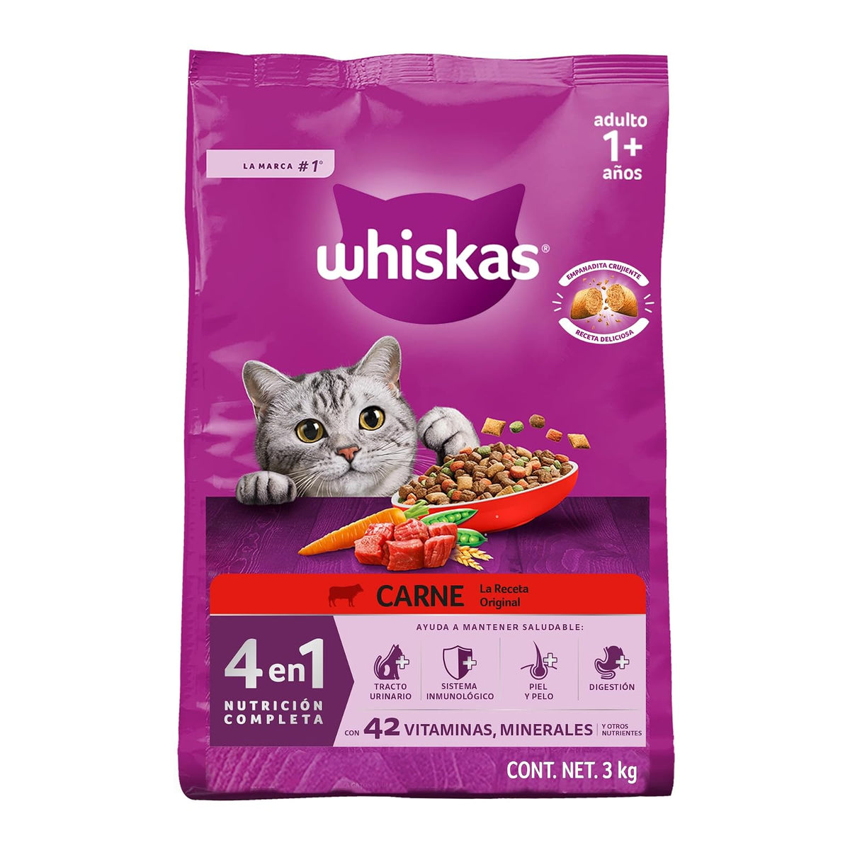 Whiskas Alimento Seco para Gatos Adultos 4 en 1, 100% Nutrición Completa y – Sabor Carne 3kg