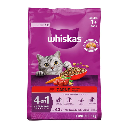 Whiskas Alimento Seco para Gatos Adultos 4 en 1, 100% Nutrición Completa y – Sabor Carne 3kg