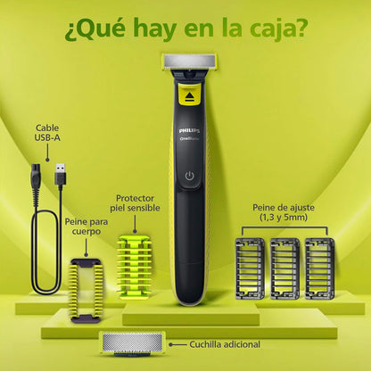 Philips OneBlade Afeitadora y Recortadora Eléctrica Face & Body para Hombre | Recorta, perfila y afeita | Corta el vello, no tu piel | Uso seco y húmedo | 5 accesorios y cuchilla adicional | QP2824/10