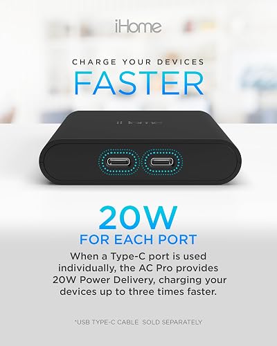 Cargador USB-C multipuerto de 36 W de iHome: Bloque de Cargador USB C Plano de 2 Puertos AC Pro, Cargador de Pared USB C Doble, Cargador de Pared USB-C Compatible con Carga rápida