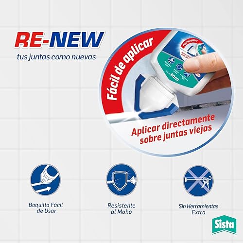 Sista RE-NEW, sellador de juntas para cocina y baño, silicona blanca para renovación de juntas, silicona para baños resistente al agua, renovador antihongos, 1x80ml