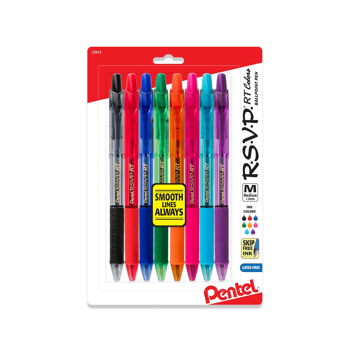 Pentel R.S.V.P. RT Colors New Retractable Ballpoint Pen, Medium Line, Assorted Ink Colors, Pack of 8 ()