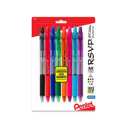 Pentel R.S.V.P. RT Colors New Retractable Ballpoint Pen, Medium Line, Assorted Ink Colors, Pack of 8 ()
