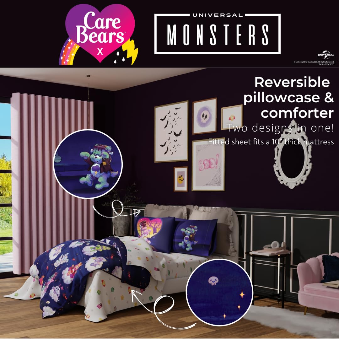 Franco Care Bears x Universal Monsters - Juego de Ropa de Cama de 7 Piezas súper Suave y Acogedor Reversible y Juego de sábanas con Funda matrimonial, (Producto con Licencia Oficial)