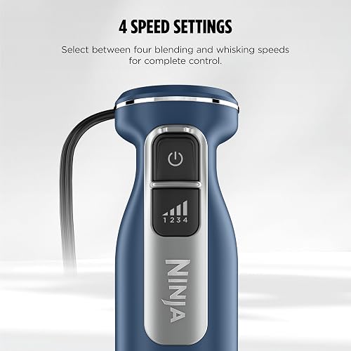 Licuadora y batidor de inmersión ninja con barra de mano, 4 velocidades, con SplatterShield y PanProtect, recipiente de mezcla de 4 tazas, apto para lavaplatos, cable de 5 pies, ergonómico, azul